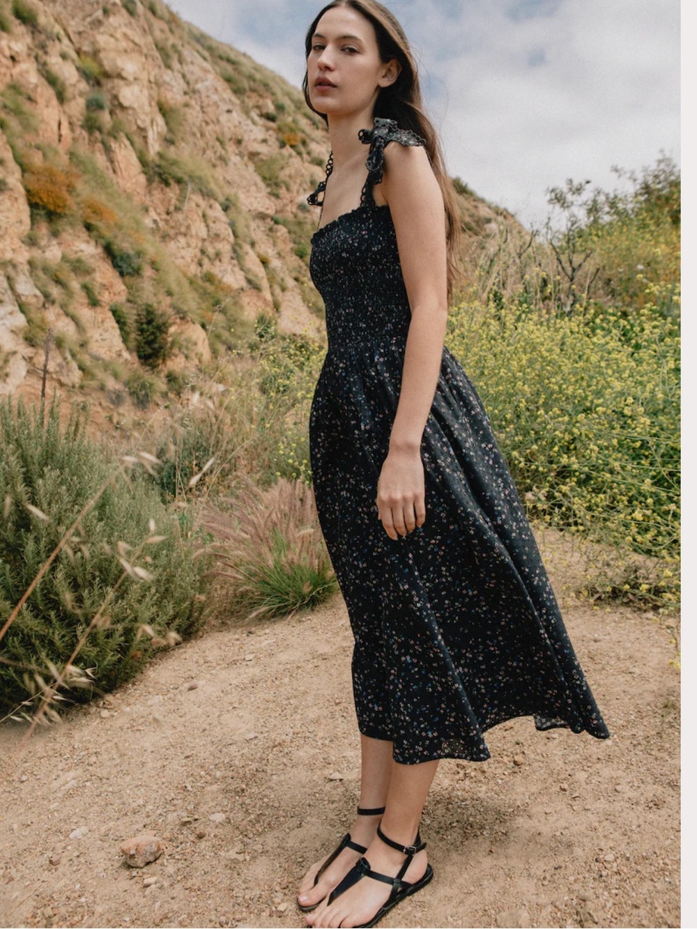 Anthropologie Maia Bergman Simone Smocked Black Floral Eyelet Midi Dress Size S